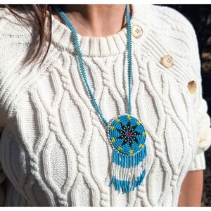 Vintage Native American Handmade Beaded Medallion Necklace Starburst Seed Bead *